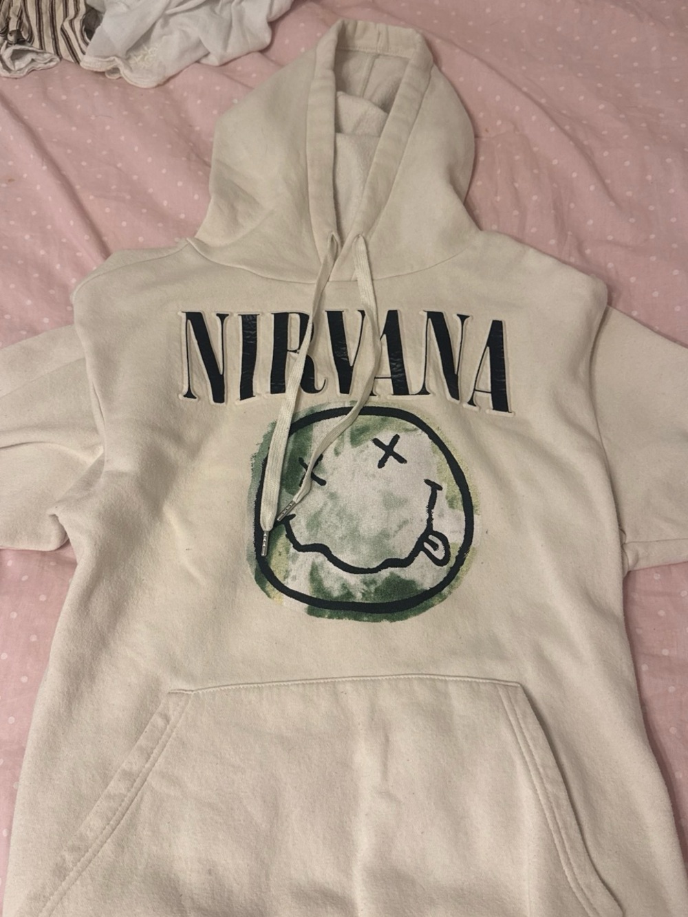 NIRVANA Cream Hoodie with Black Smiley Logo